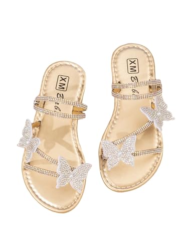 OYOANGLE Girl's Slide Sandals Rhinestone Sparkly Butterfly Strappy Open Toe Slip On Flat Sandal