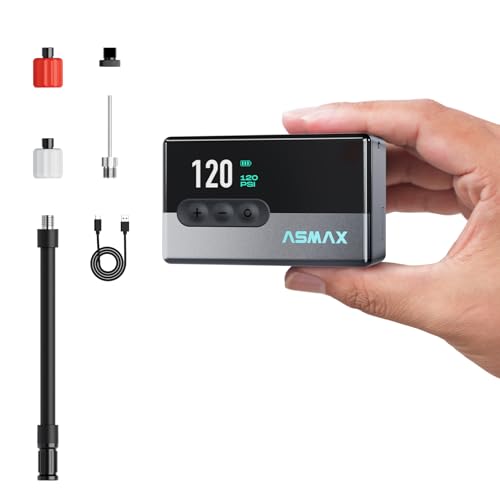 ASMAX Elektrische Mini Fahrradpumpe T30, 120 PSI Tragbarer Luftpumpe mit LCD-Display, Wiederaufladbar 500mAh, 4-in-1 Fahrradpumpe mit LED-Licht & Reifendruckmesser für Farrad/Rennrad/MTB/Bälle