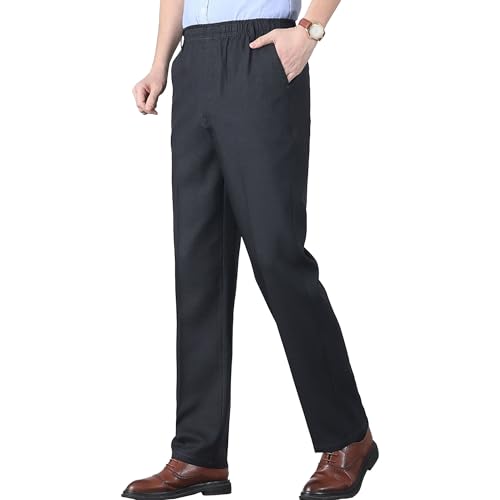 Mens Elastic Waist for Seniors Pants Expandable Waist Flat Front Pant Classic Fit Flat Front Dress Trousers