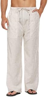 COOFANDY Mens Linen Cotton Loose Casual Lightweight Elastic Waist Straight Pants