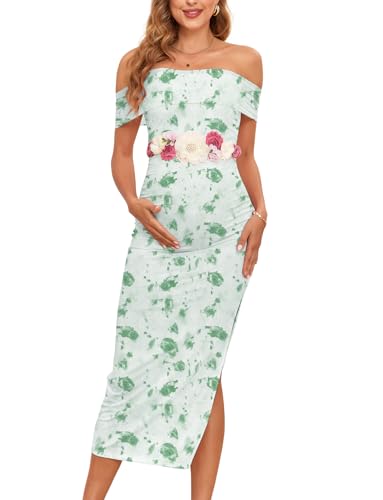 Image of AISWI Maternity Mesh Split Dress Off The Shoulder Ruched Bodycon Pregnancy Dresses Baby Shower Photoshoot, Without Belt, Floral4: Green Rose, X-Large