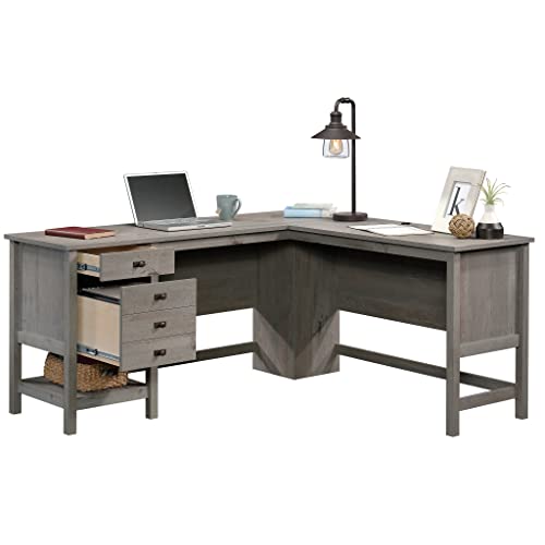 Image of Sauder Cottage Road L Shaped Desk Computer Desk with Drawers, Home Office Desk with Optional File Cabinet Storage, Cable Management, in Mystic Oak Finish