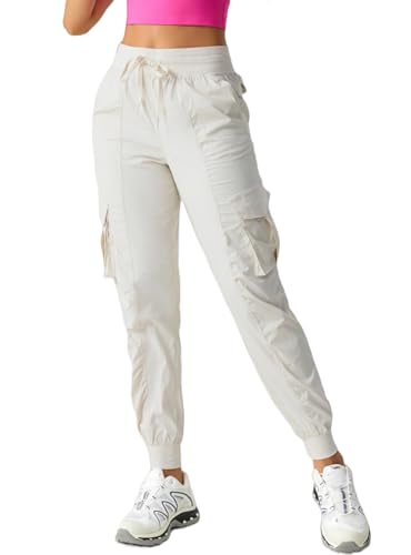 CANSEN Women's Cargo Hiking Joggers Pants Mid Waist Lightweight Athletic Casual Tapered Pants with Pockets Outdoor Off-White