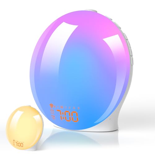 Sunrise Alarm Clock, Wake Up Light Fullscreen with Sunrise Sunset Simulation Dual Alarms Snooze Function, 10 Color Modes Atmosphere Night Lamps 8 Natural Sounds FM Radio for Adults Kids Bedroom