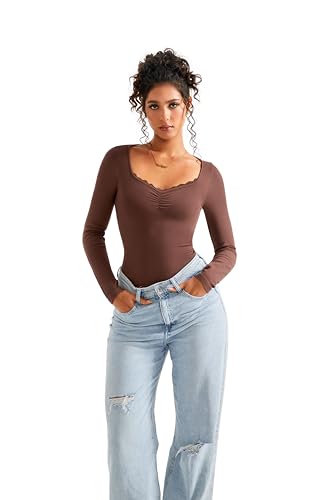 Image of SUUKSESS Women Sweetheart V Neck Long Sleeve Tops Lace Trim Ribbed Modal Fall Going Out Shirts