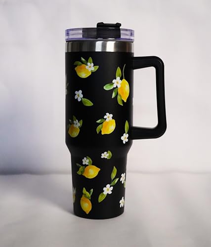 Image of 1200ML Stainless Steel Tumbler Hot and Cold with Handle and Lid and 2 Straws, Double Insulated Cup Leak Proof Mug Cupholder for Gym, Travelling (Black Summer Lemons)
