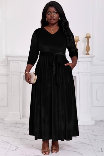 Image of Runwind Plus Size Dress for Women - 3 /4 Sleeve V Neck Maxi Dresses for Women (XL-6XL)