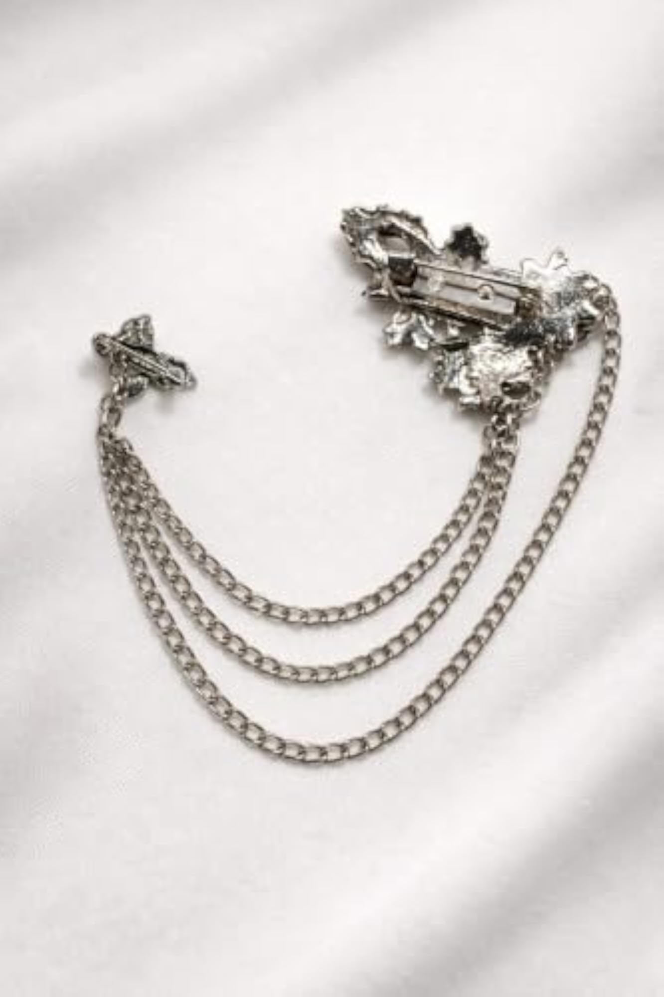 Silver Chain Brooch with Crystal Detailing, Elegant Accessory