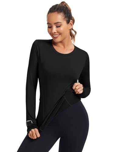 Loovoo Thermal Shirts for Women Long Sleeve Workout Tops Crewneck Fleece Base Layer Running Athletic Tee with Zipper Pocket3
