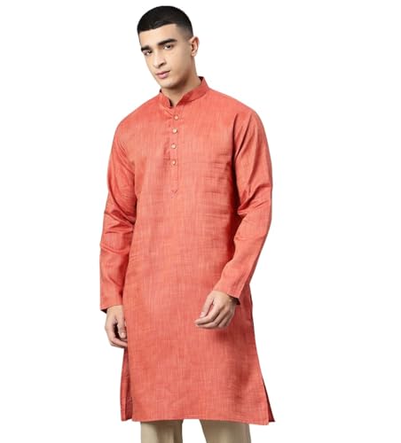 Image of Majestic Man Men's Cotton Regular Fit Traditional Mandarin Collar Ethnic Motifs Solid Long Kurta