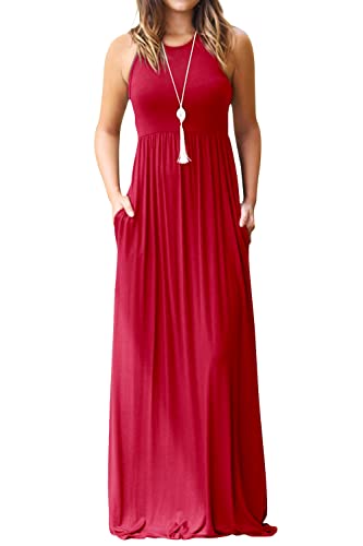 Image of EUOVMY Women's Sleeveless Dress Casual Plain Loose Summer Long Maxi Dresses with Pockets
