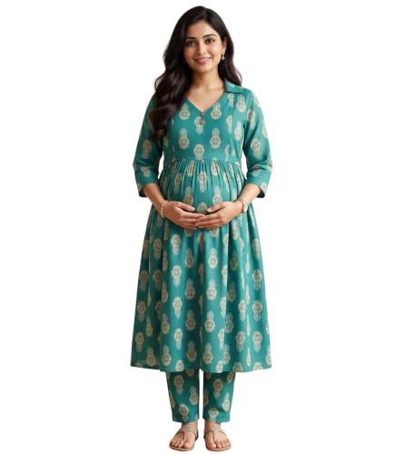 Image of DUMMY SHAPE Maternity Dresses for Women Cotton | Floral Kurta Pant Dupatta Set with Nursing Zippers, Side Pocket | Pre & Post Pregnancy | Feeding Kurti Suit | Baby Shower | Gifts for Pregnant Woman