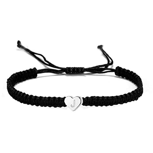 Kelistom 14K White Gold Plated Initial Heart String Bracelets For Women Men Teen Girls Boys Handmade Rope Braided Bracelet Minimalist Jewelry Matching Couple Bracelets (J, White-Black) #TOP8