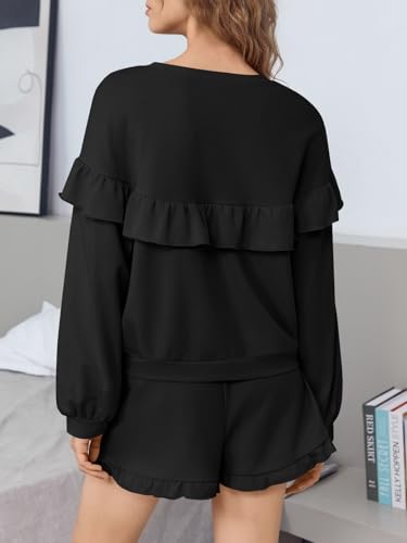 Tankaneo Womens 2 Piece Lounge Sets Ruffle Long Sleeve Sweatshirt High Waisted Shorts Sets Casual Sleepwear Loungewear2