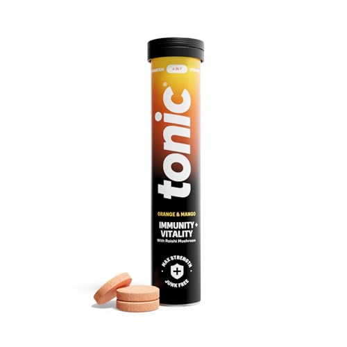 Tonic Health Daily Immunity Tablets - 4-in-1 Effervescent Multivitamins, Minerals & Phytonutrients - Vitamin D, Vitamin C and Zinc - Vegan,No Sugar- Max Strength, Orange, Mango, Passionfruit, 20 Count