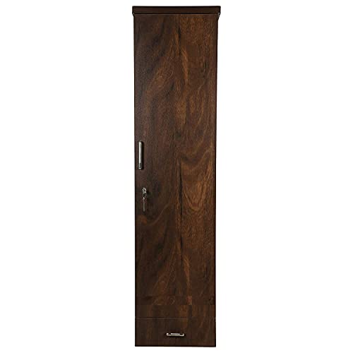 Image of CASPIAN Engineered Wood 1 Door Wardrobe | Pre-Assembled Wooden Almirah for Bedroom Storage | Single Door Cupboard with Drawer, Hanging Space & Shelves | Compact Clothes Organizer | Brown