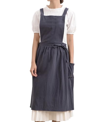 KITCHIEF Cotton Linen Pinafore Apron Dress for Women with Pockets Chef Aprons Cross Back Apron for Kitchen Baking Painting (Gray)