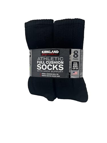 KIRKLAND Signature Mens Athletic Full Cushion Sock With Arch Support 8 Count (US Alpha X-Large Regular Regular Black)