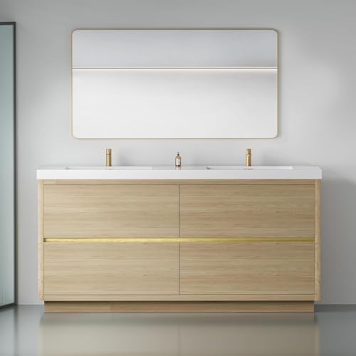 Allreno 70-inch Modern Double Sink Bathroom Vanity, Natural Oak Cabinet ...