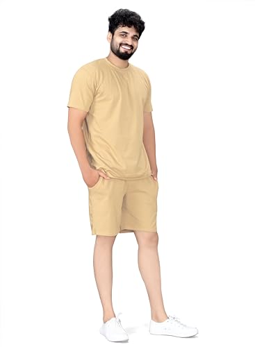 Image of ELLITI Cotton Blend Solid Casual Round Neck Half Sleeve Oversized Co-ord Set Men's, Pyjama Set, Sleepwear Loungewear T-Shirt and Shorts Combo for Men, Night Wear for Men, Night Suit for Men's
