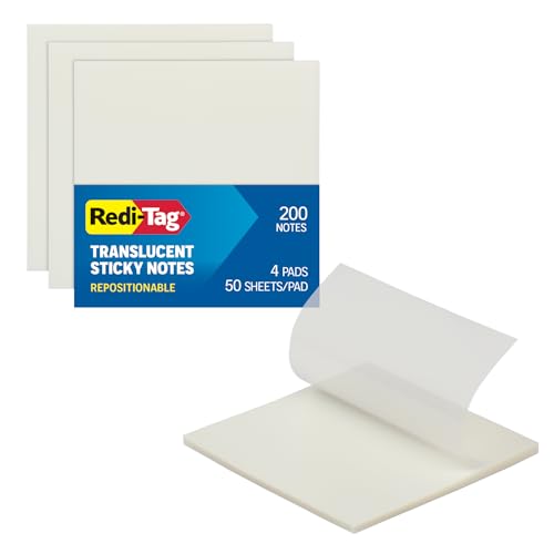 Redi-Tag Translucent Sticky Notes, Transparent Self-Stick Notes, 3