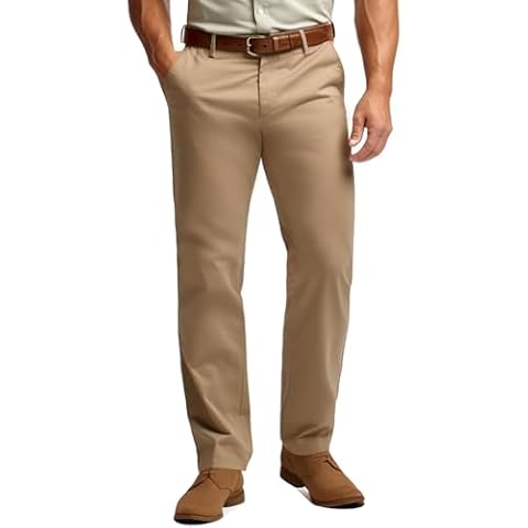 Men's No Iron Straight Fit Dress Pants with Hidden Expandable Waist Flat Front Slacks(Khaki,40W30L) Cover