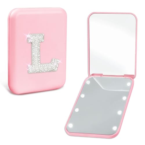 Aganmi Personalized Birthday Graduation Gifts for Teen Girls Her Pearl Initial Pink Travel Compact Mirror with Lights Portable 1X/2X Magnification 2-Sided Mini LED Pocket Makeup Mirror for Purse (L)