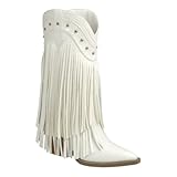 Forever Women's Pointed Toe Chunky Heel Cowboy Western Fringe Boots Anita-26 White 7
