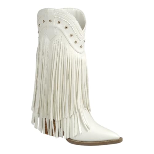 Women's Pointed Toe Chunky Heel Cowboy Western Fringe Boots Anita-26 White 7.5