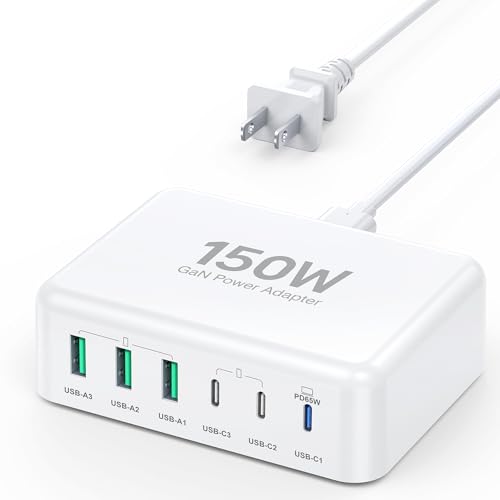 USB C Fast Charger Block, 150W 6 Port Desktop PD GaN Fast Charger Charging Station Block 65W USB C Laptop Power Adapter for MacBook Pro/Air iPad iPhone 16 15 14 13 12 Pro Max Galaxy S23 Note 20 Pixel
