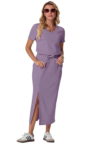 Image of GRECERELLE Women Summer Casual 2 Piece Sets V-Neck Wrinkle-Free Top & Elastic Waist Midi Side Slit Skirt with Pockets