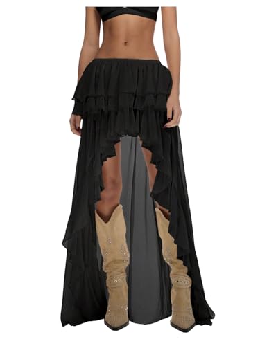 OYOANGLE Women's Boho Layered Ruffle Chiffon Maxi Skirt Y2K Elastic Cowgirl Western Asymmetrical Skirts Black Small
