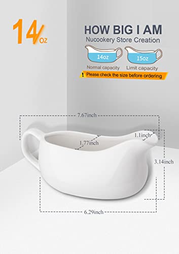 Nucookery Large 14 Oz Gravy Boat With Ergonomic Handle | White Fine Porcelain Saucier With Big Dripless Lip Spout | For Gravy, Warming Sauces, Salad Dressings, Milk, More | Microwave & Freezer Safe #TOP1