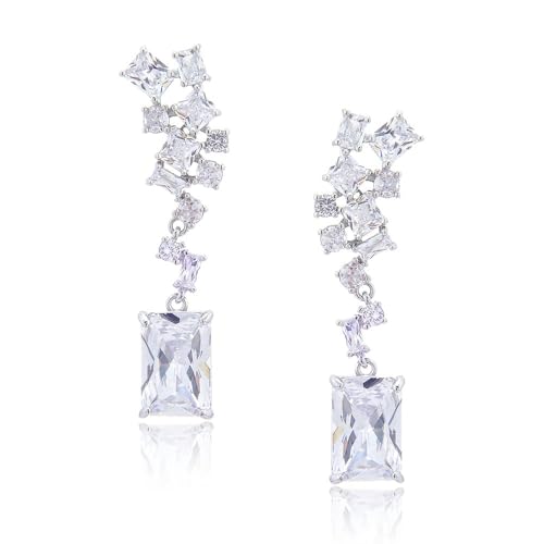 Image of RIZILIA BLOSSOM 18K White Gold Plated Flower Earrings for Women, Lightweight Pierced CZ Floral Dangle Earrings, Trendy Jewelry Gift for Women (Radiant cut)