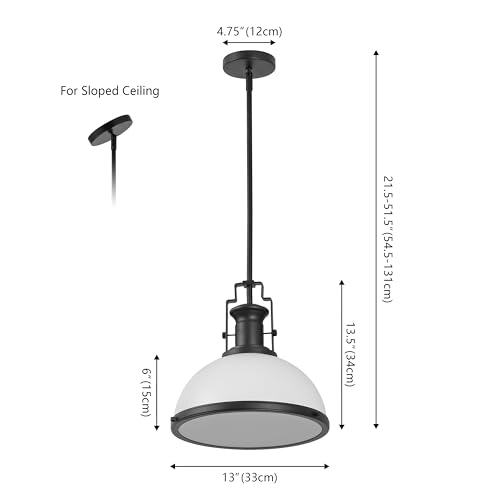 Image of JONATHAN Y Homer Industrial Dome Pendant 13 inch, White /Matte Black | 1-Light, Farmhouse Style, Adjustable Hanging Height, Glass Diffuser, Sloped Ceiling Compatible, Metal, LED Bulb Included