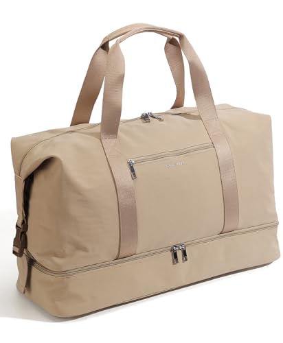 Image of Oeihuivt Weekender Bags for Women - 21 Inch Large Travel Duffel Bag with Shoe Compartment, Heavy-Duty Canvas Leather Carry On Overnight Tote, Khaik-1A, 21, Weekend Trip