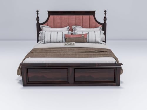Image of Craft Wooden Queen Size Bed with Storage | Double Bed Cot Bed with Box Storage & Pink Colour Upholstered Cushioned Headboard for Bedroom | Solid Wood Sheesham, Walnut