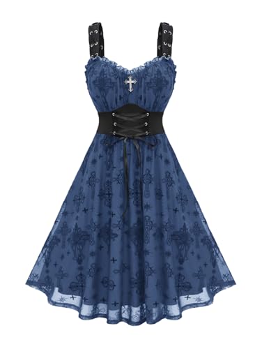 Rosegal Plus Size Women Gothic Vintage Mesh Overlay Dress(Blue_3/1X)