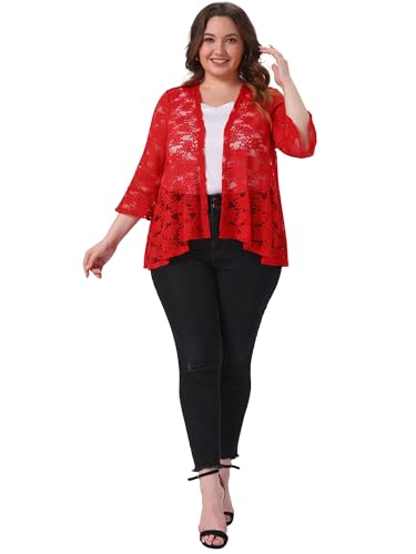 Image of Agnes Orinda Women Plus Size Open Front Lace Cardigans | 3 /4 Bell Sleeve Sheer Formal Bolero Shrugs Lightweight Floral Crochet Cover Up