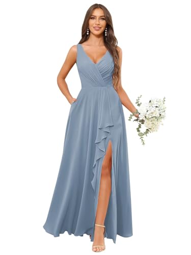 Image of HANVAIOS Long Chiffon V Neck Bridesmaid Dresses for Women Formal Dress with Pocket
