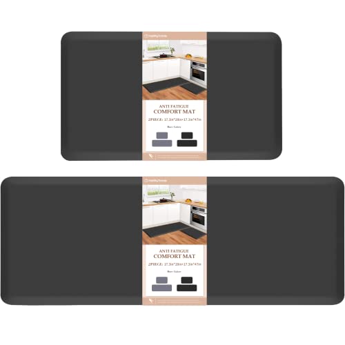 HappyTrends 2 PCS Kitchen Mat Cushioned Anti-Fatigue Floor Mat, Heavy Duty Ergonomic Comfort Foam Standing Mat, Waterproof Non-Slip Kitchen Rugs for Home, Office(17.3"x28"+17.3"x47",Black)
