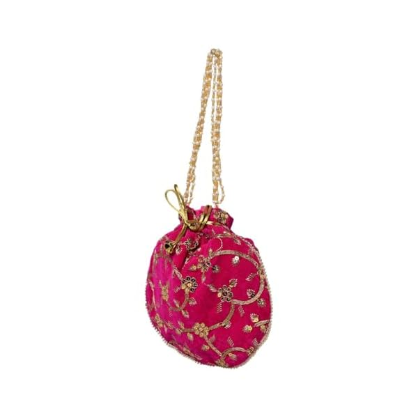 ISHANI TRENDS || Women's Ethnic Potli Designer Rajasthani Style Royal Clutch Silk Batwa Bag Zari Work Bridal Potli (PINK) - Image 4