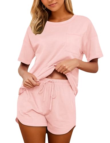 Image of KCW Pajamas for Women Set 2 Piece 100% Cotton Lounge Sets Short Sleeve Top and Shorts Pj Set Sleepwear Outfits