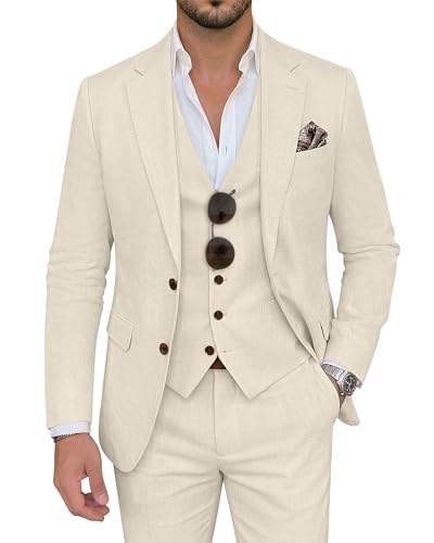 Men’s Linen Suit Single Breasted 3 Piece Summer Wedding Light Champagne S