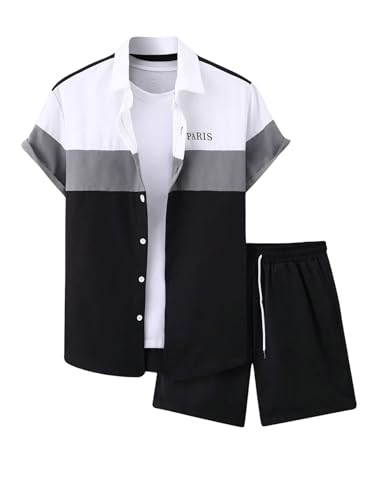 SOLY HUX Men's Plus Size Shorts Set Button Down Shirt and Shorts Color Block Two Piece Outfits