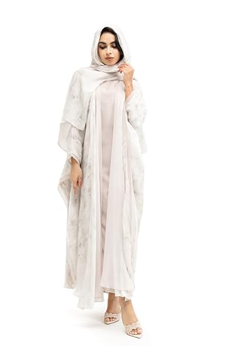 Modest 3-Piece Floral Abaya Set with Inner Dress & 2 Matching Hijabs Elegant Layered Silhouette for Women Beige Flower M