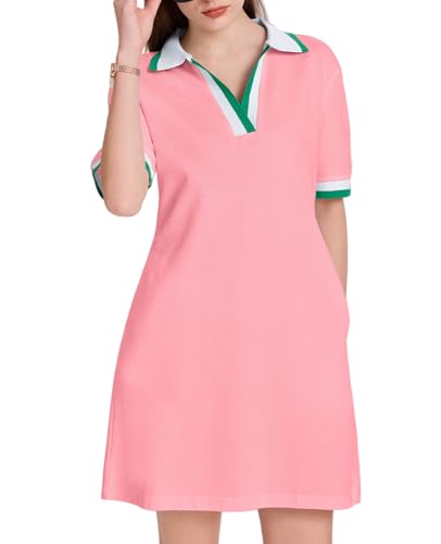 Image of WOWULOVELY Polo Dress for Women V Neck Casual Short Sleeve Mini Shirt Dress Flowy Contrast Color Golf Tennis A Line Dresses