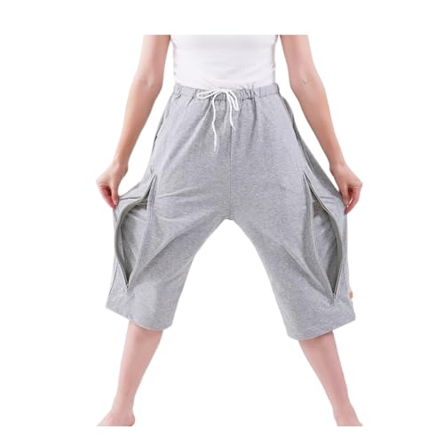 Catheter Leg Bag Cropped Pants, Men Women Nephrostomy Bag Holder Pants to wear with catheters with Dual Hidden Pockets for Hot Seasons(Grey, M)