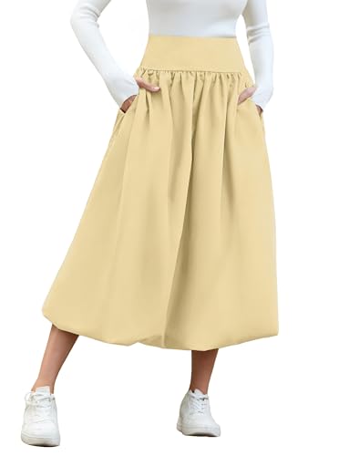 Women's Bubble Long Skirt Elastic Waist A-Line Pleated Ruffle Flowy Balloon Maxi Skirts with Pockets