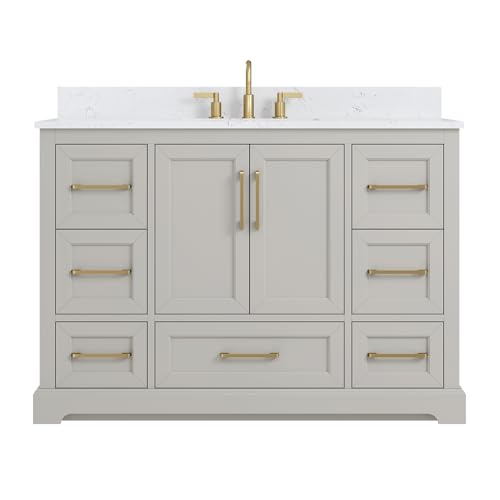 DELUXE LIVING 48 Inch Bathroom Vanity with Sink Combo, Solid Wood Frame with Mable Top &Backspalsh, Fully-Assembled with Soft-Closing Doors & 7 Drawers, Greige
